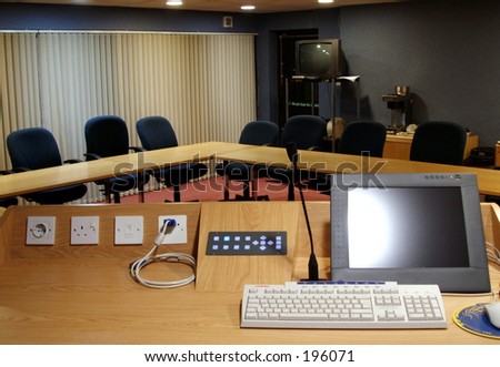 conference room desk chair PC keyboard plugs sockets school room lecture learn
