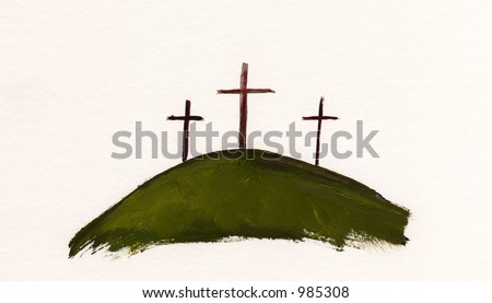 three artistic painted crosses on a green hill at easter