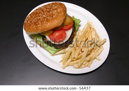 Shot of a grilled hamburger with fries and all the fixins.\
\
Very high resolution. You can see cracks in the bun.