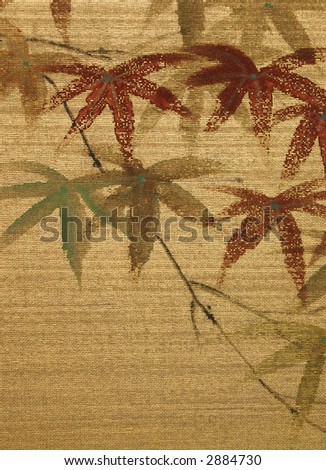 Antique Asian Silk Painting of Maple Leaves with room for Text