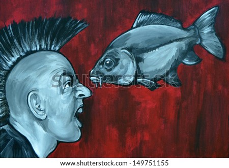 angry man with mohawk hair and fish - painting