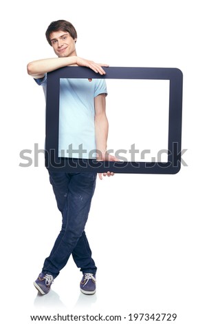 Full length man holding tablet frame, over white background