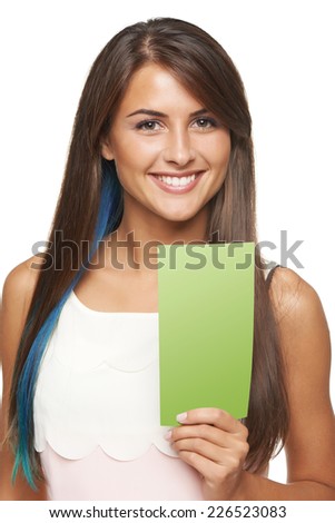 Closeup of young woman holding a green banner ad over white background