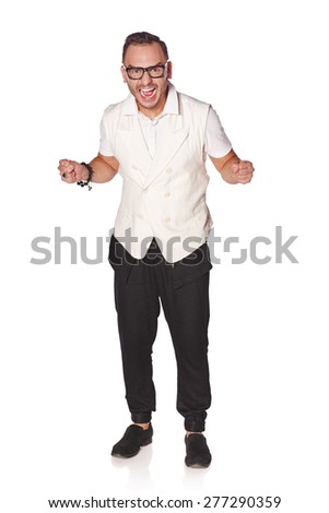 Happy excited man screaming celebrating success, in full length over white background