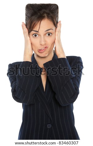 Portrait of business woman making a silly face and having square head from the problems, over white background