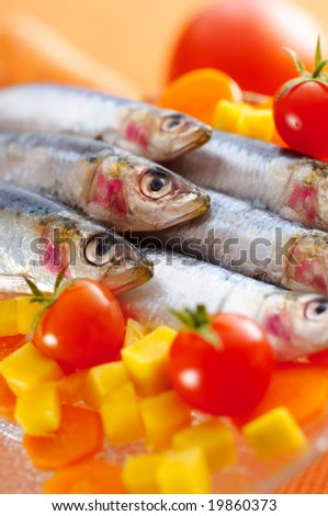 Group of sardines on different vegetables