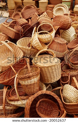 Group of traditional weaved baskets on open market
