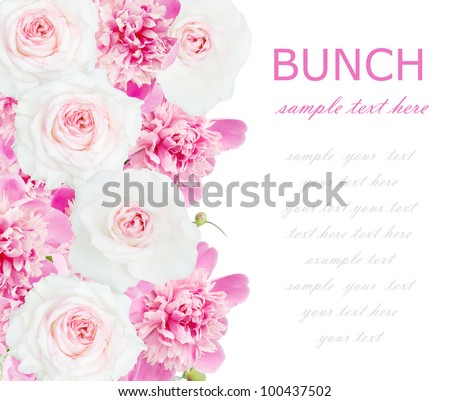 Wedding background with roses and peonies isolated on withe with sample text