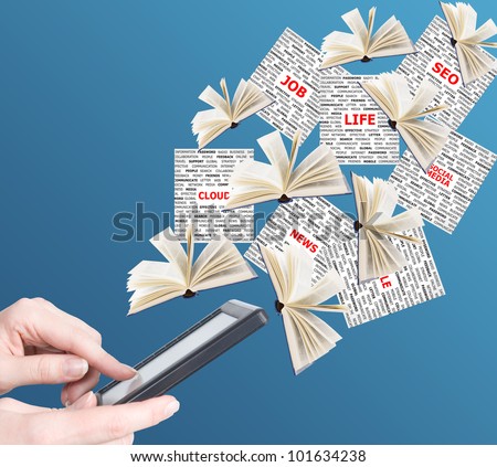 Hand holding digital tablet pc and business news (books and newspapers) flying away. Concept