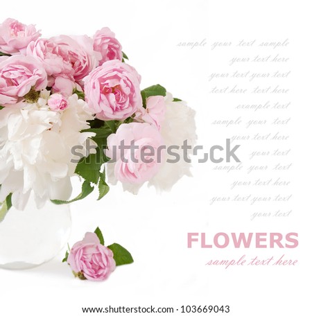 Spring tea roses and peonies bunch in vase isolated on white background with sample text
