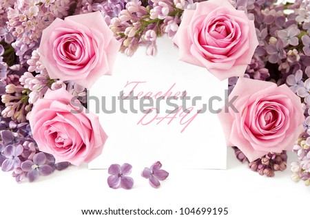 Lilac and roses flowers bunch with white cart isolated on white background