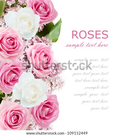 Lilac and roses wedding background isolated on white with sample text