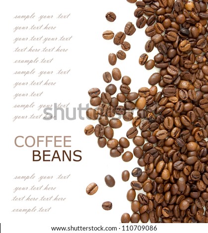 Coffee beans isolated on white background with sample text