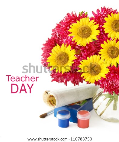 Teacher Day (still life with huge bunch with asters and sunflowers, map,painting and brush isolated on white background)