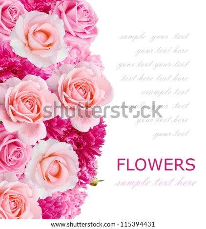 Wedding background with peonies and roses isolated on white with sample text