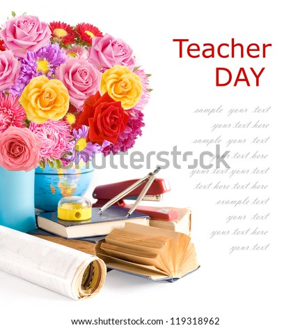 Teacher Day (still life with huge bunch of roses,asters and peonies, globe, map, book and sharpener isolated on white background)