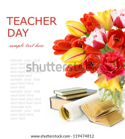 Teacher Day (still life with huge bunch of spring tulips, map and books isolated on white background)