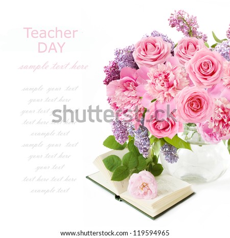 Teacher Day (still life with huge bunch of roses and lilac and books isolated on white background)