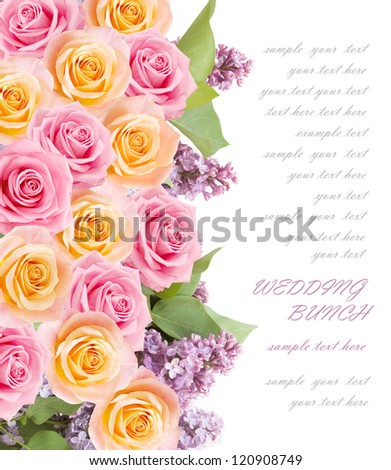 Wedding background with roses and lilac flowers isolated on white with sample text