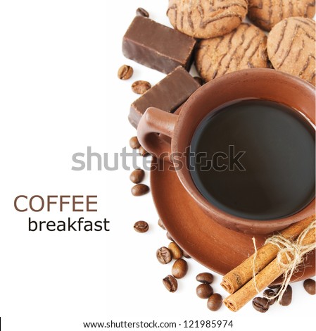 Coffee, chocolate candy, cakes and cinnamon (with sample text)