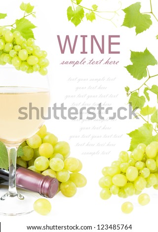 Frame with grapes branches, wine glass, vine and wine bottle isolated on white background with sample text