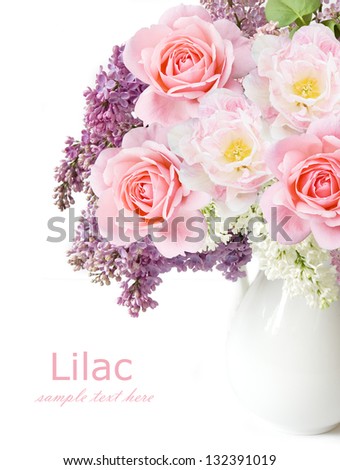 Lilac flowers, roses and tulips bunch in vase isolated on white background