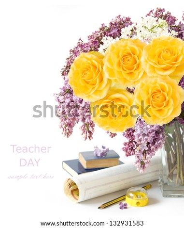 Teacher day (still life with lilac and rose flower bunch, map, book, pencil and sharpener isolated on white background)