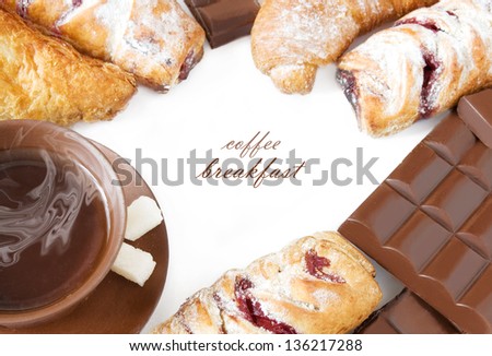 Coffee breakfast (cup  of hot coffee, sweets, sugar and chocolate bar isolated on white background with sample text)