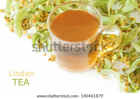 Linden tea (cup of tea and linden isolated on white background with sample text)