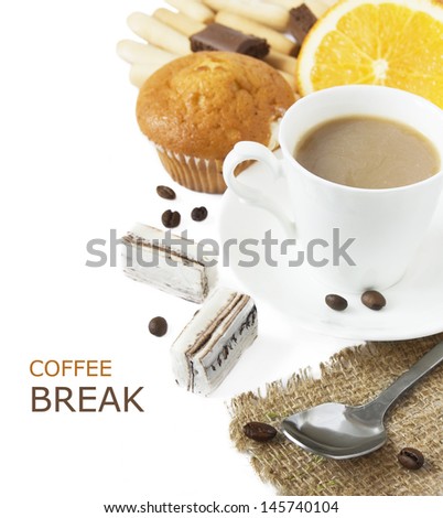 Coffee break (cup of coffee, coffee beans, cake, candy and orange isolated on white background with sample text)