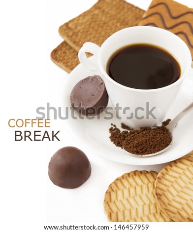 Coffee break (still life with coffee cup, cakes and  chocolate candy isolated on white background with sample text)