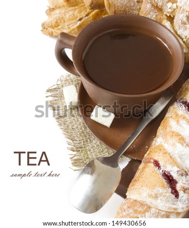 Tea breakfast (still life with tea cup, sugar, sweets and croissant  isolated on white background with sample text)