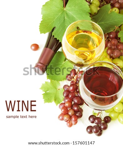 Grapes and bottle of wine and glasses of red, rose and white wine isolated on white with sample text