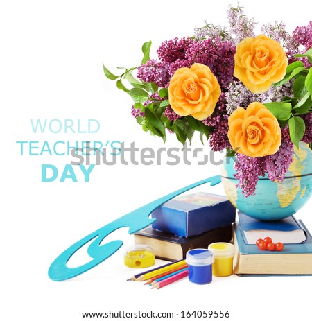 Teacher Day (flowers bunch, books and map isolated on white background with sample text)