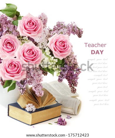 Teacher day (lilac and roses flowers bunch, map and books isolated on white background)