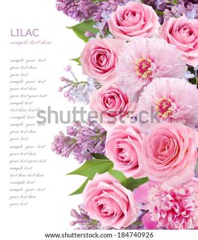 Lilac, roses and peony background isolated on white with sample text