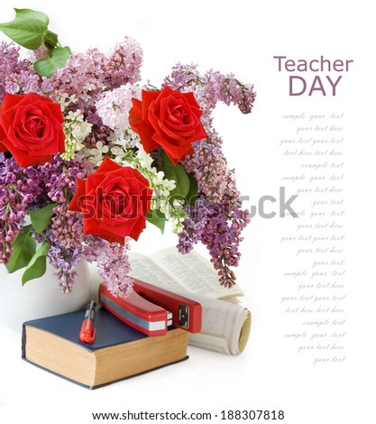 Teacher day (lilac and roses bunch with book and map isolated on white background with sample text)