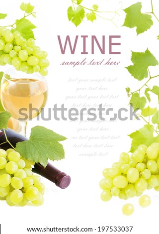 Frame with grapes branches, wine glass, vine and wine bottle isolated on white background with sample text. White wine and grapevine border