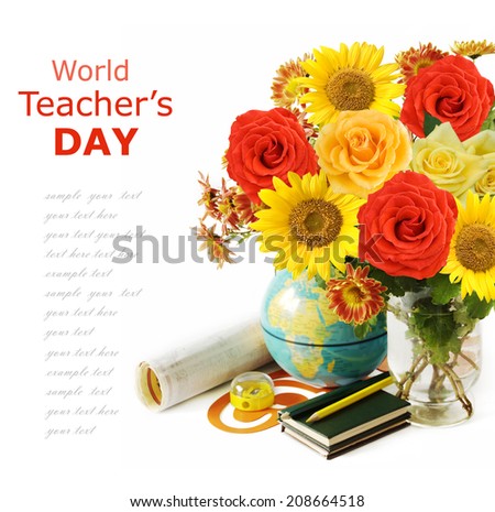 Teacher day (flowers bunch with roses, sunflowers and asters, map and books isolated on white)