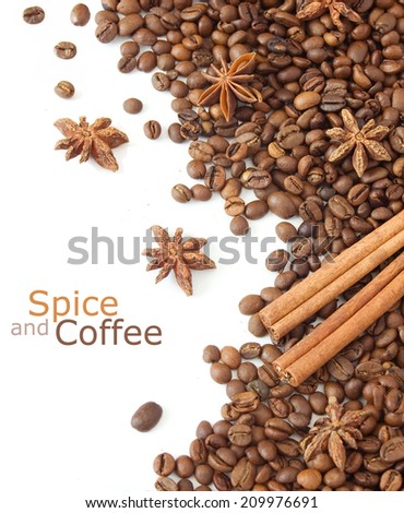 Coffee beans and spice background isolated on white background