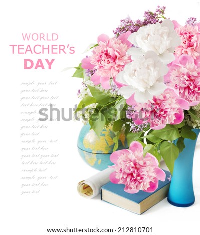 Teacher day (flowers bunch with peony and lilac, map and books isolated on white)