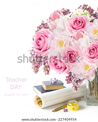 World Teacher Day (bunch of flowers, map,books and school tools isolated on white background with sample text)