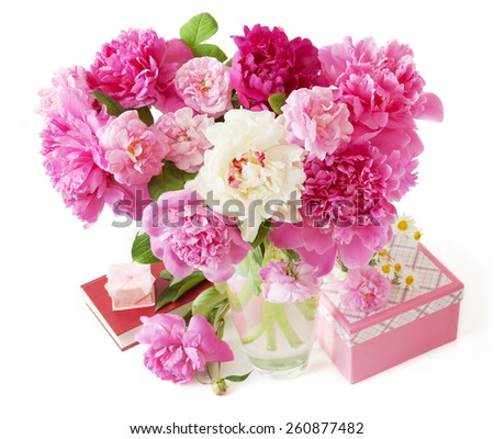 Peony bunch, present box and book isolated on white background. Teacher\'s Day concept.