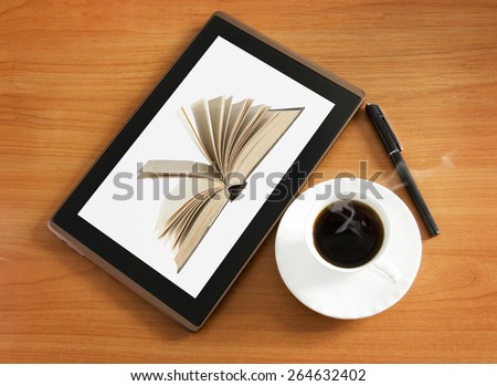 Tablet pc with book, hot coffee cup and pen. Education concept