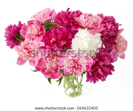 Purple, pink and white peony bunch in vase isolated on white background