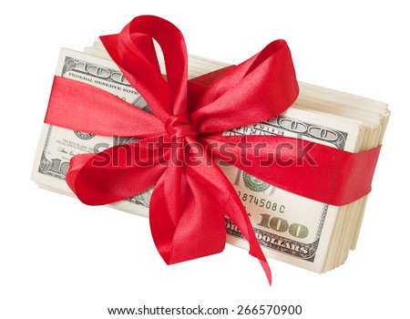Money gift. Money bonus. Stack with money with red bow isolated on white background with sample text