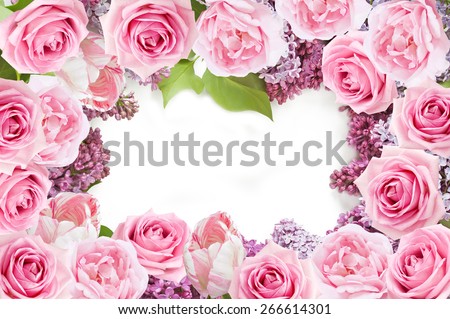 Tulips, lilac and roses flowers background isolated on white with sample text