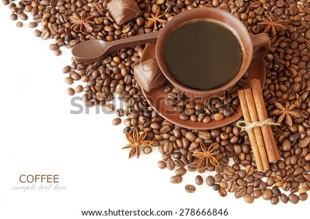 Cup of coffee and coffee beans isolated on white background with sample text