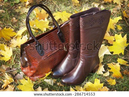Leather boots and bag with autumn leaves. Winter boots and bags collection sales
