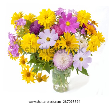 Summer flowers bunch in vase isolated on white background